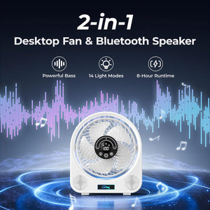 LAMJIE LC-2 2-in-1 Desktop Fan with Bluetooth Speaker, White, Powerful Bass, 14 Light Modes, 8-Hour Runtime